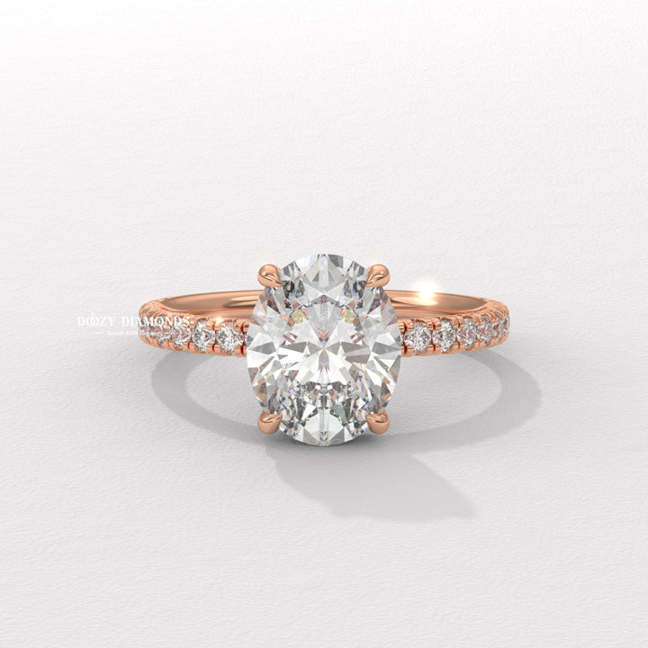 Oval hidden halo engagement ring with IGI certificate and packaging