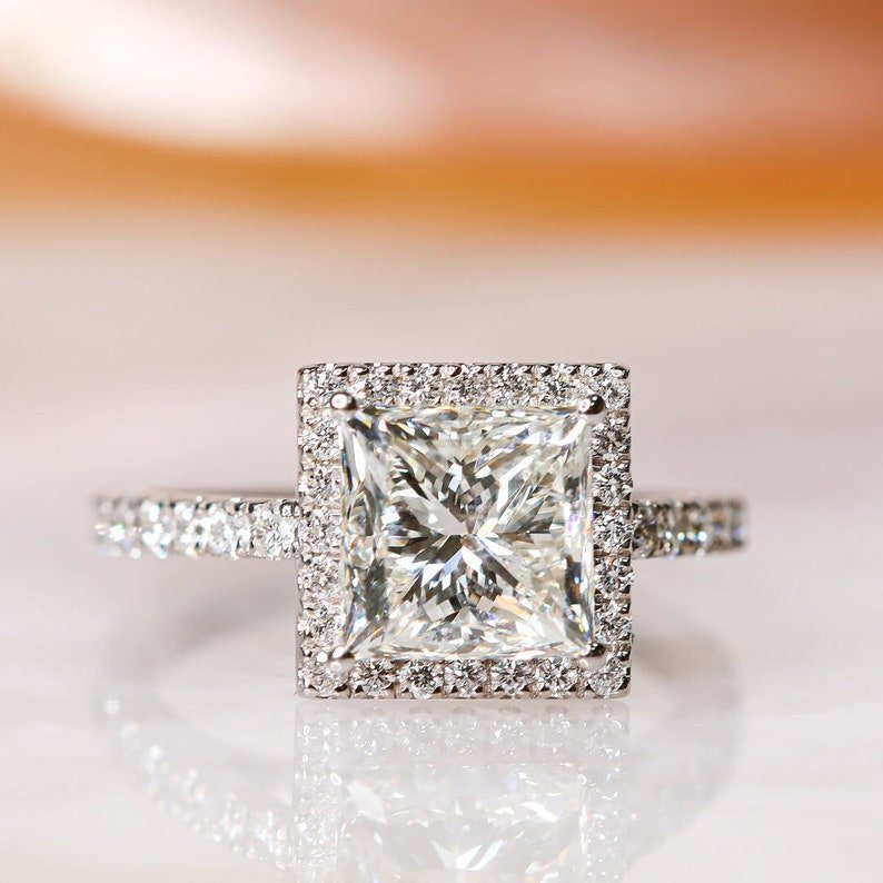 Princess halo lab grown diamond ring in jewelry gift box
