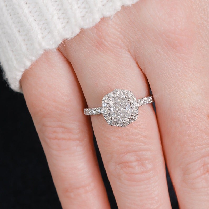 Buy 1.50CT cushion halo lab grown diamond engagement ring online
