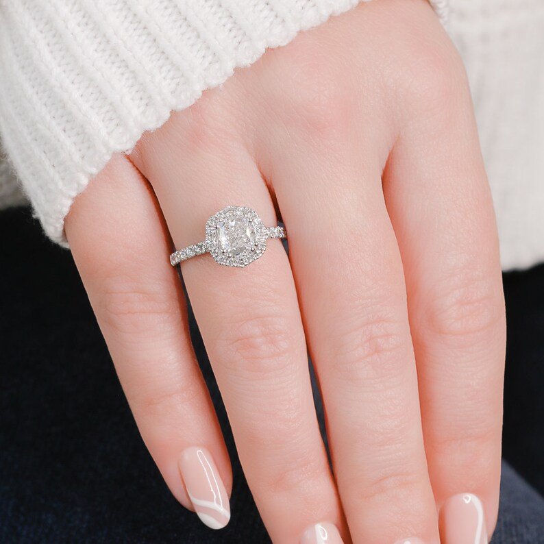 Cushion halo lab grown diamond ring side profile in gold setting