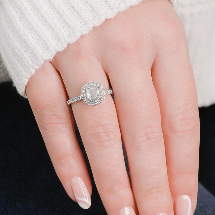 Cushion halo lab grown diamond ring side profile in gold setting