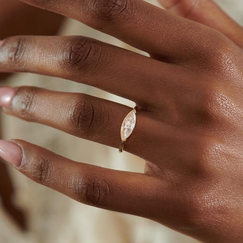 Detailed close-up of marquise solitaire diamond engagement ring