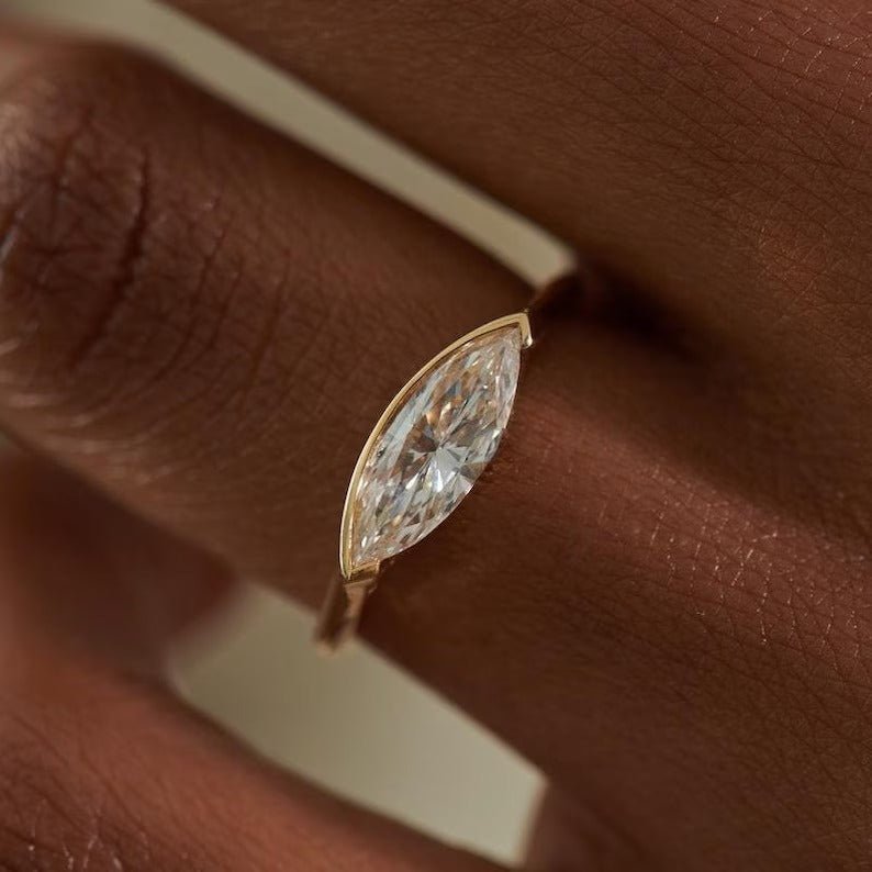 Marquise solitaire lab grown diamond ring side profile in gold setting