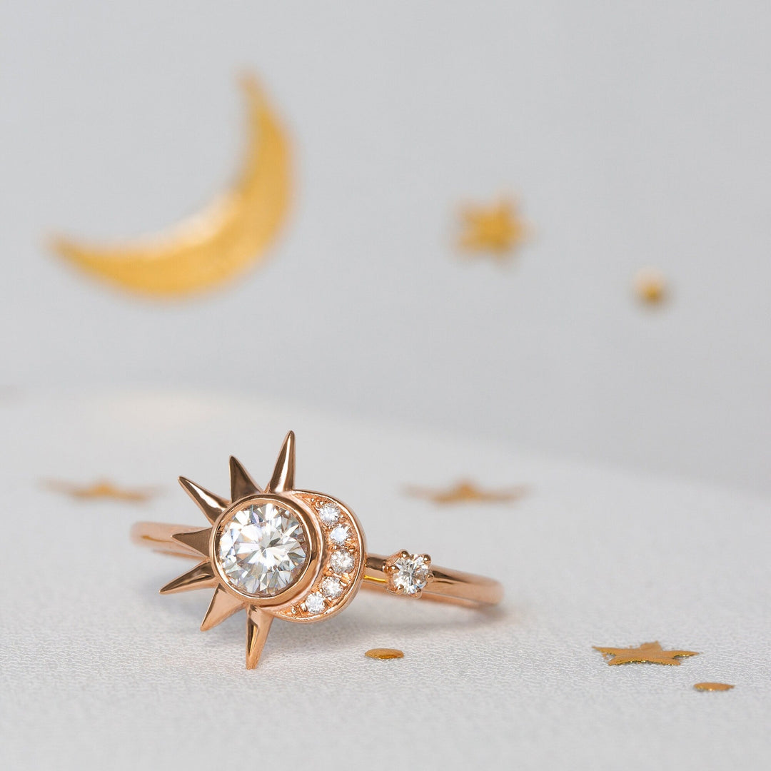Round lab grown diamonds Sun & Crescent Moon Engagement Ring In Solid Gold - Doozy Diamonds