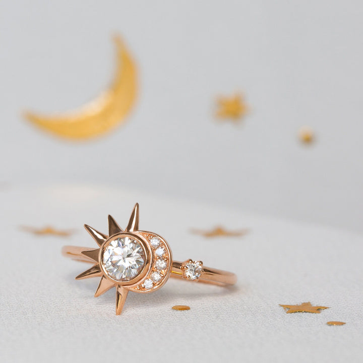 Round lab grown diamonds Sun & Crescent Moon Engagement Ring In Solid Gold - Doozy Diamonds