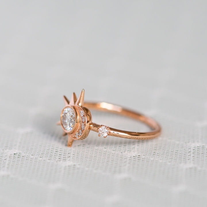 Round lab grown diamonds Sun & Crescent Moon Engagement Ring In Solid Gold - Doozy Diamonds