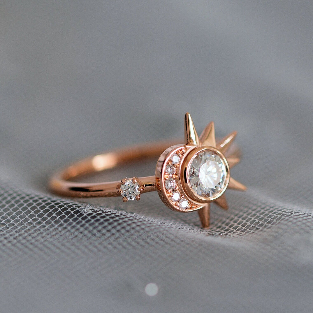 Round lab grown diamonds Sun & Crescent Moon Engagement Ring In Solid Gold - Doozy Diamonds