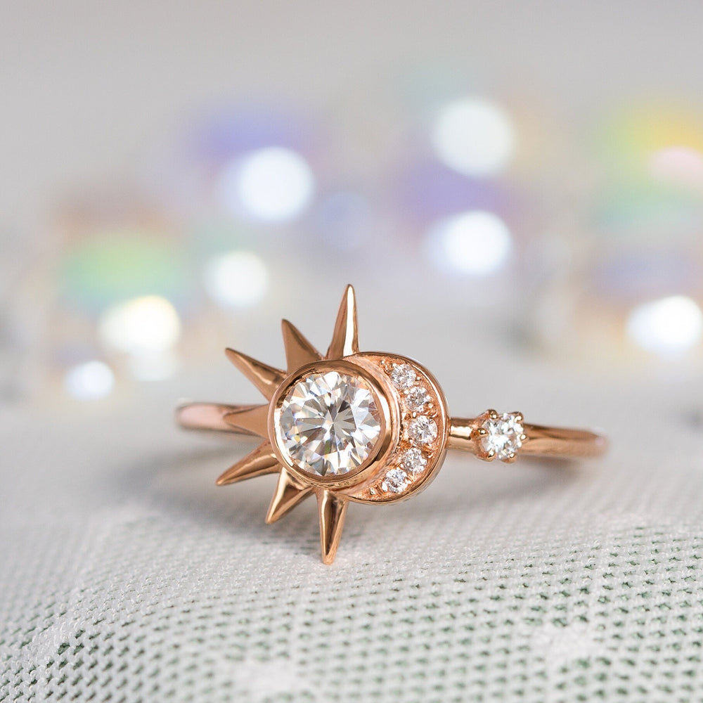 Round lab grown diamonds Sun & Crescent Moon Engagement Ring In Solid Gold - Doozy Diamonds