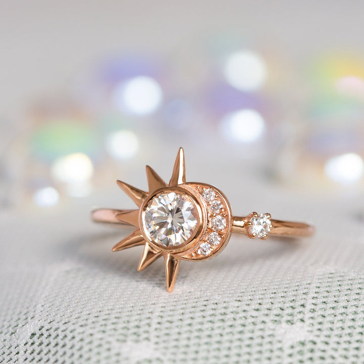 Round lab grown diamonds Sun & Crescent Moon Engagement Ring In Solid Gold - Doozy Diamonds