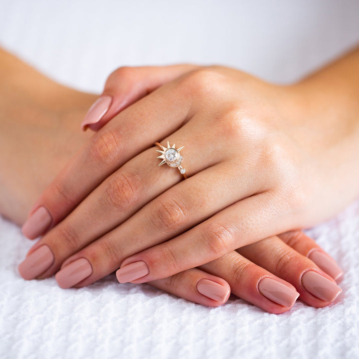 Round lab grown diamonds Sun & Crescent Moon Engagement Ring In Solid Gold - Doozy Diamonds