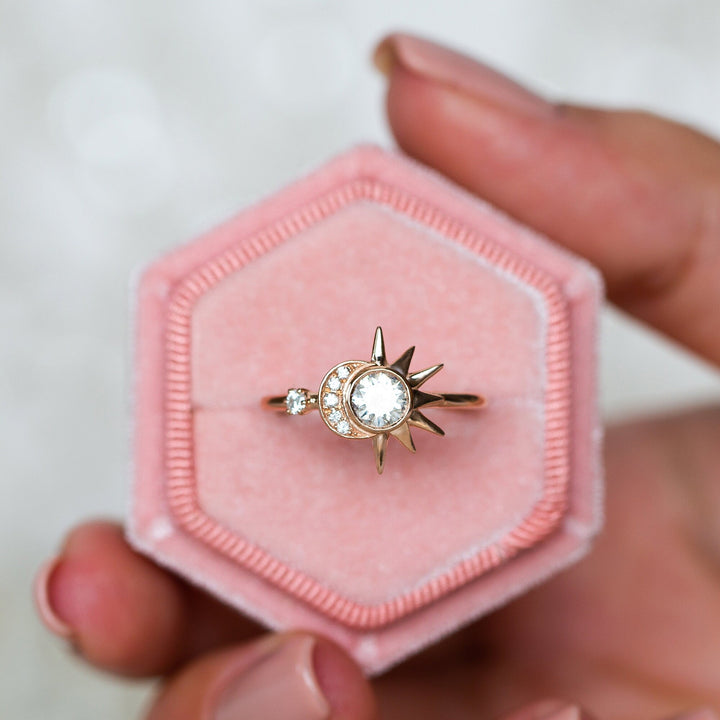 Round lab grown diamonds Sun & Crescent Moon Engagement Ring In Solid Gold - Doozy Diamonds