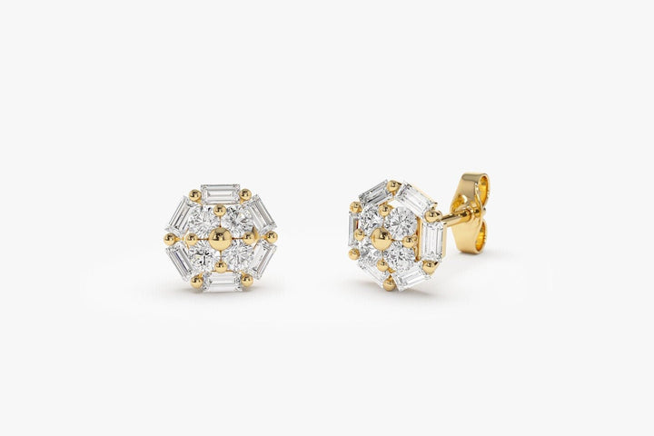 Baguette and Round Diamond Cluster Studs Earrings Gift for Wife - Doozy Diamonds
