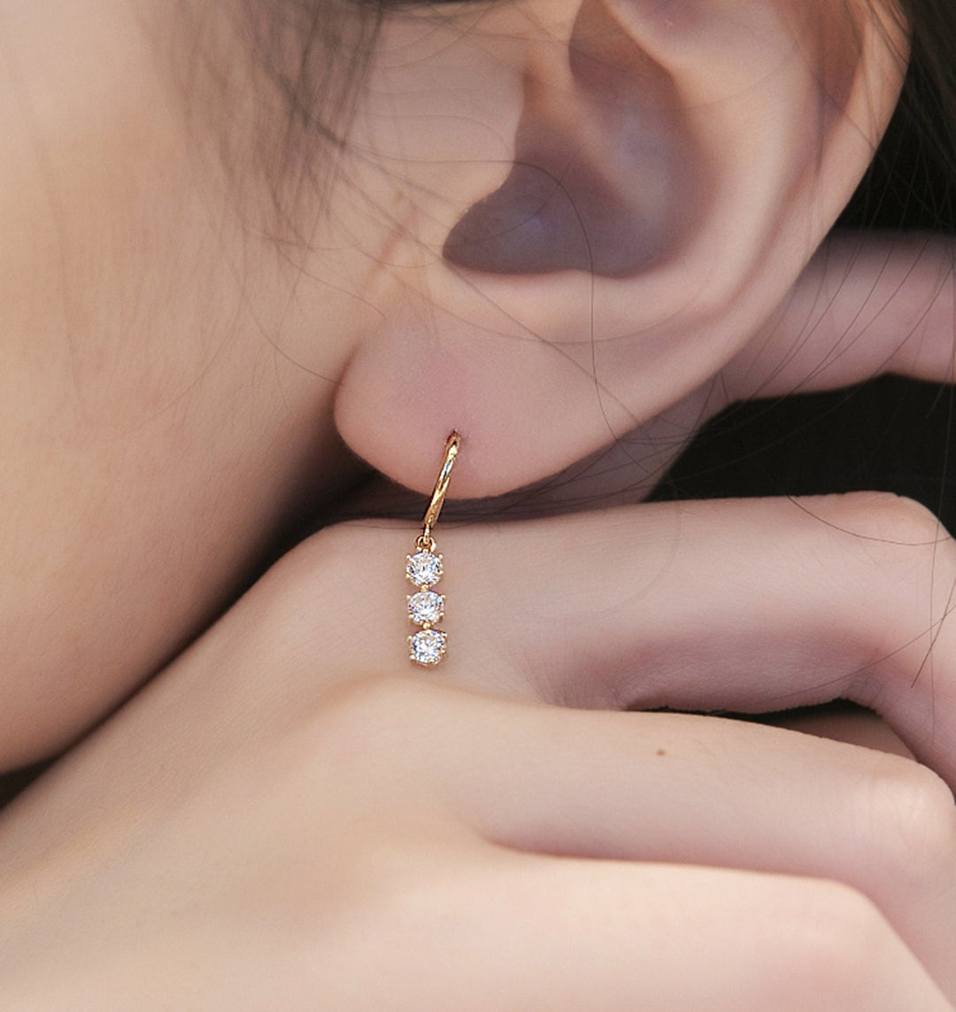 Round Cut Three Stone Diamond Dangle Earrings for Women - Doozy Diamonds