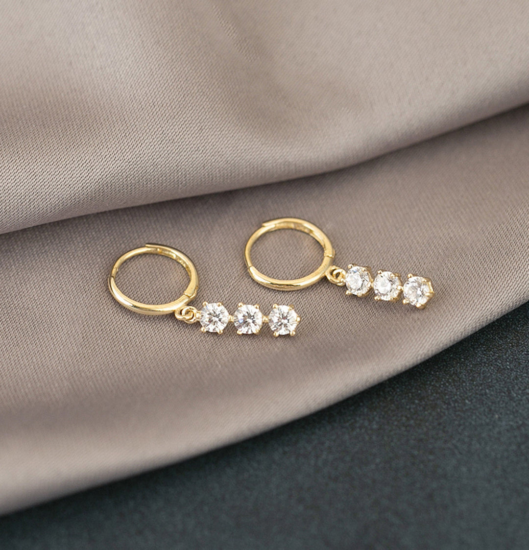 Round Cut Three Stone Diamond Dangle Earrings for Women - Doozy Diamonds