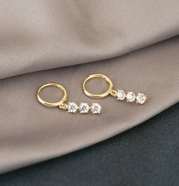 Round Cut Three Stone Diamond Dangle Earrings for Women - Doozy Diamonds