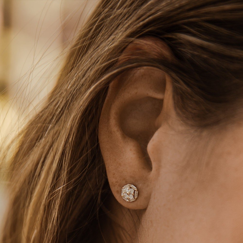 Baguette and Round Diamond Cluster Studs Earrings Gift for Wife - Doozy Diamonds