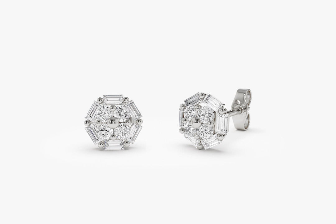 Baguette and Round Diamond Cluster Studs Earrings Gift for Wife - Doozy Diamonds