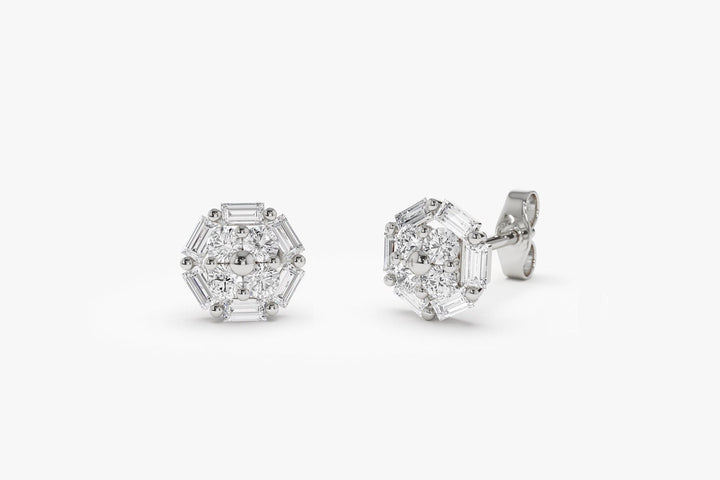 Baguette and Round Diamond Cluster Studs Earrings Gift for Wife - Doozy Diamonds