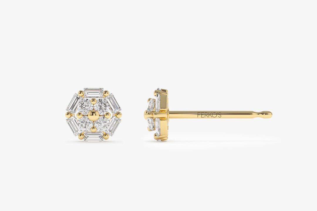 Baguette and Round Diamond Cluster Studs Earrings Gift for Wife - Doozy Diamonds