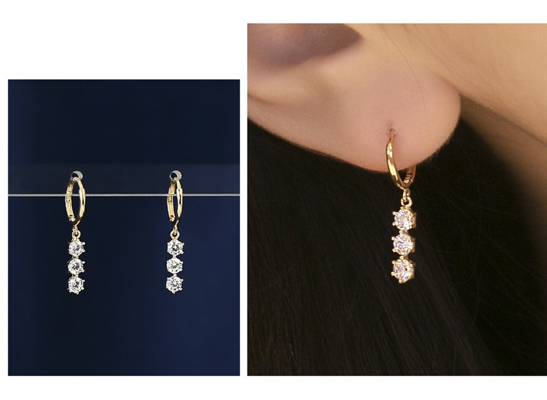 Round Cut Three Stone Diamond Dangle Earrings for Women - Doozy Diamonds