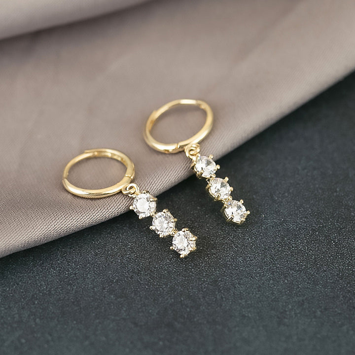 Round Cut Three Stone Diamond Dangle Earrings for Women - Doozy Diamonds