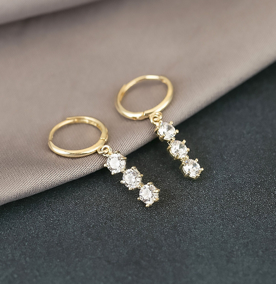 Round Cut Three Stone Diamond Dangle Earrings for Women - Doozy Diamonds