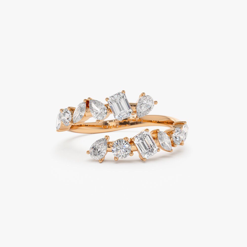 14k Solid Gold Cross Over Mix Diamond Statement Ring for Her - Doozy Diamonds