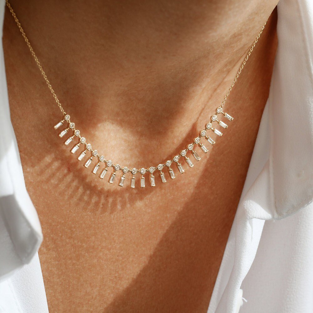 Baguette and Round lab grown diamonds Necklace In Gold - Doozy Diamonds