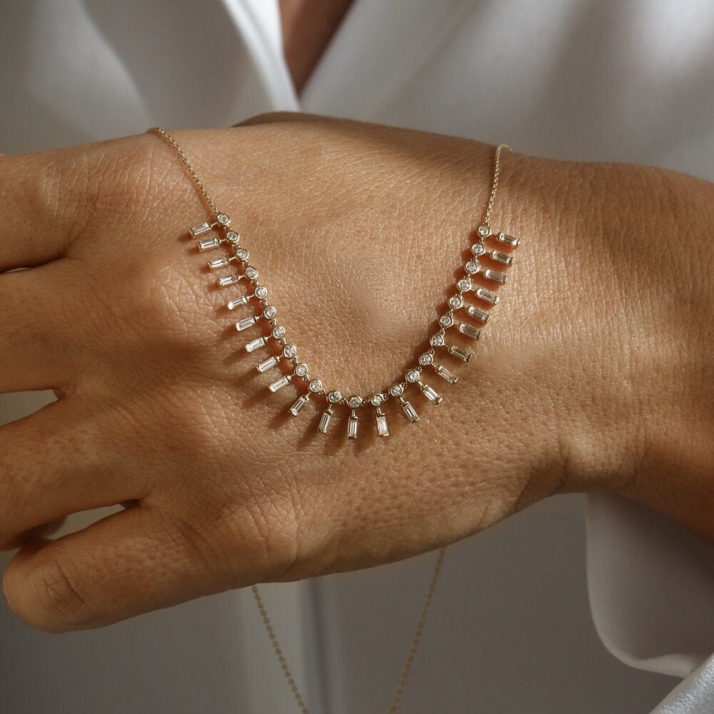 Baguette and Round lab grown diamonds Necklace In Gold - Doozy Diamonds