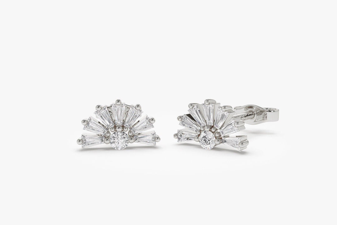 Tapered Baguette & Round Cut Diamond Unique Studs Earrings for Her - Doozy Diamonds