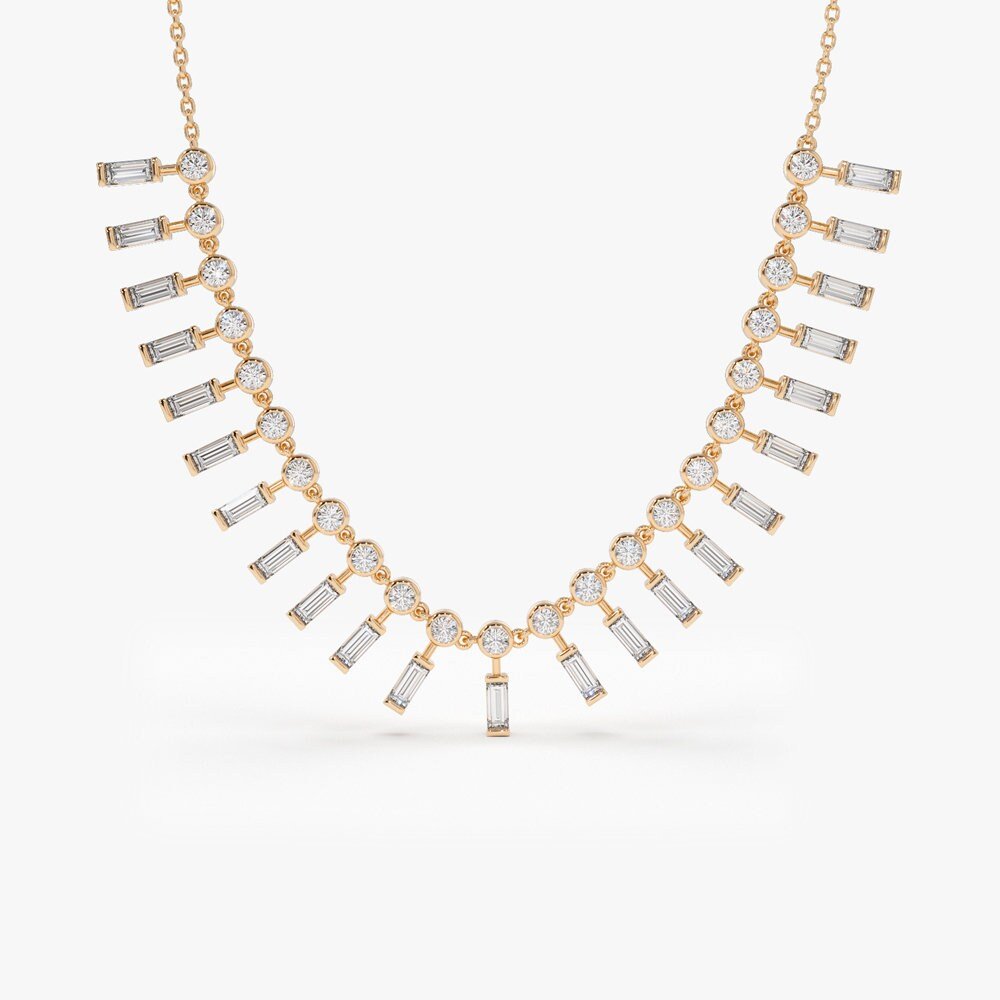 Baguette and Round lab grown diamonds Necklace In Gold - Doozy Diamonds