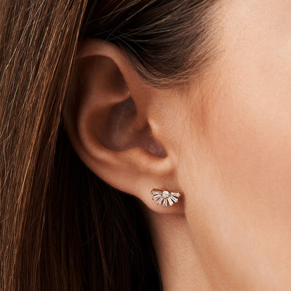 Tapered Baguette & Round Cut Diamond Unique Studs Earrings for Her - Doozy Diamonds
