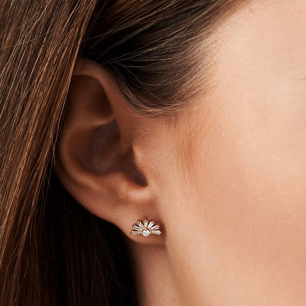 Tapered Baguette & Round Cut Diamond Unique Studs Earrings for Her - Doozy Diamonds