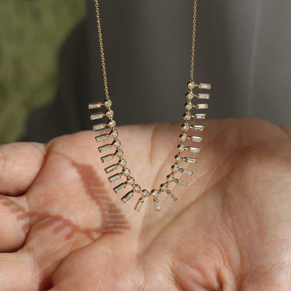 Baguette and Round lab grown diamonds Necklace In Gold - Doozy Diamonds