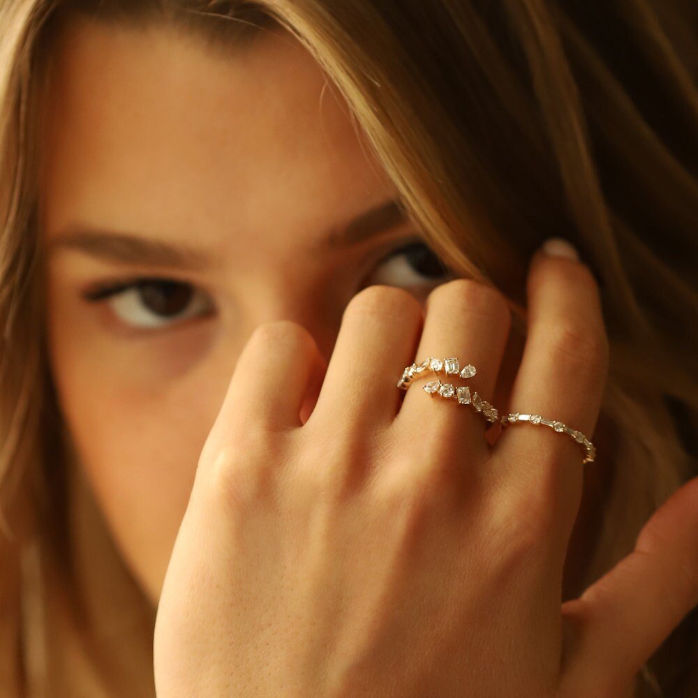 14k Solid Gold Cross Over Mix Diamond Statement Ring for Her - Doozy Diamonds
