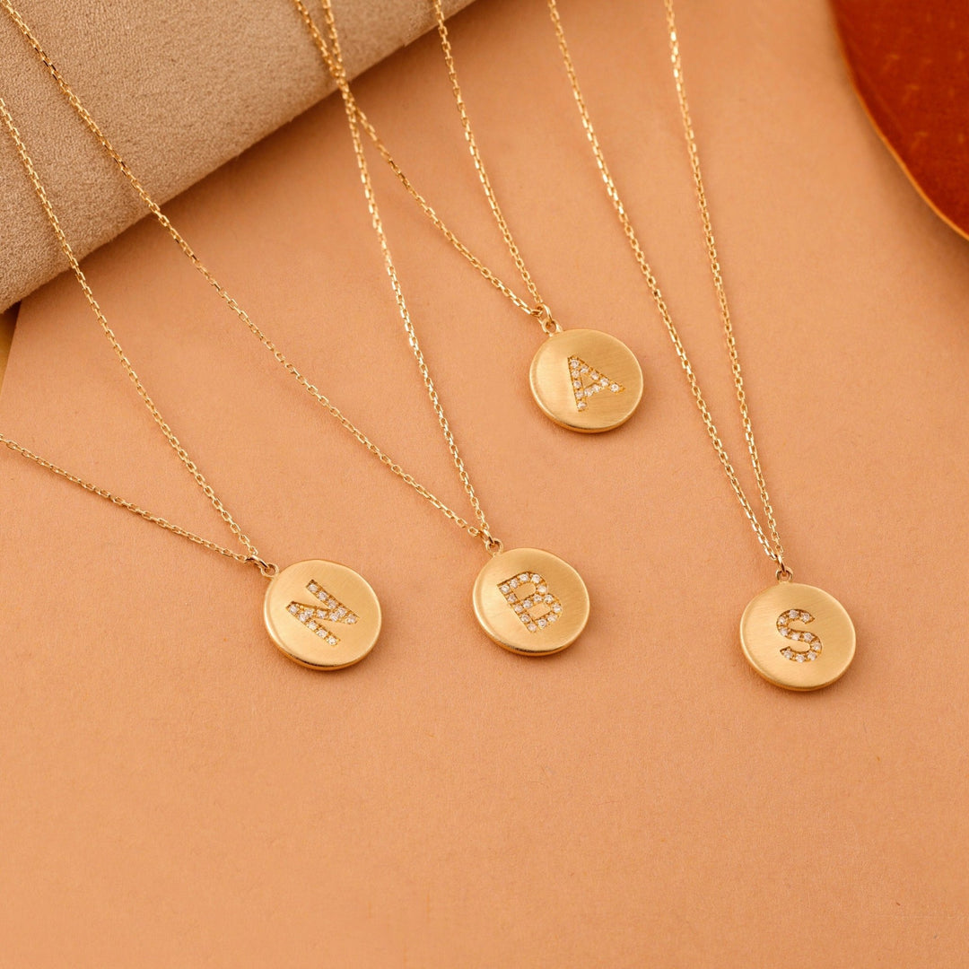 Coin Charm Diamond Latter Necklace in Matte Gold - Doozy Diamonds