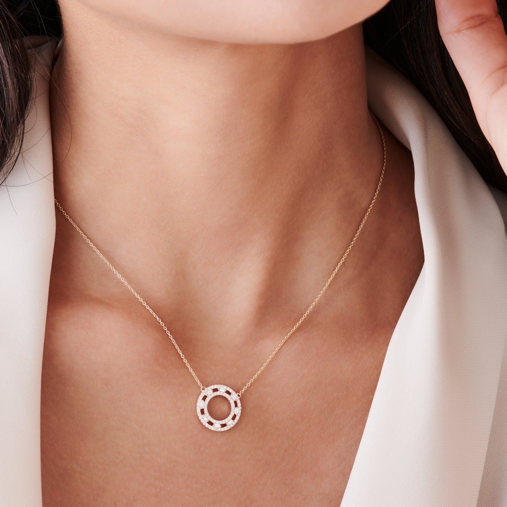Baguette & Round Cut Diamond Circle Pendant Necklace for Her - Doozy Diamonds