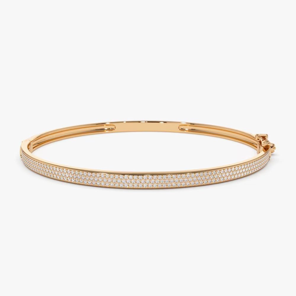 Round Cut Three Row Pave Diamond Bracelet Bangle in 14K Gold - Doozy Diamonds