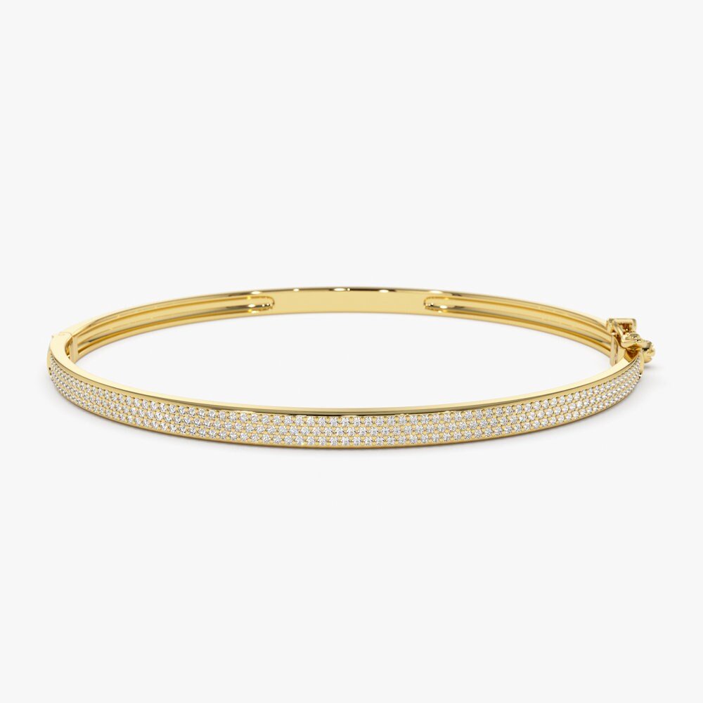 Round Cut Three Row Pave Diamond Bracelet Bangle in 14K Gold - Doozy Diamonds