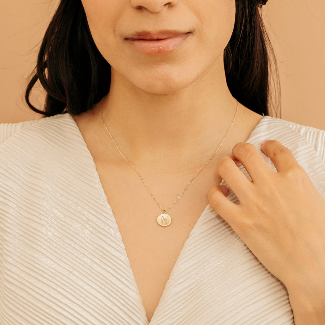Coin Charm Diamond Latter Necklace in Matte Gold - Doozy Diamonds