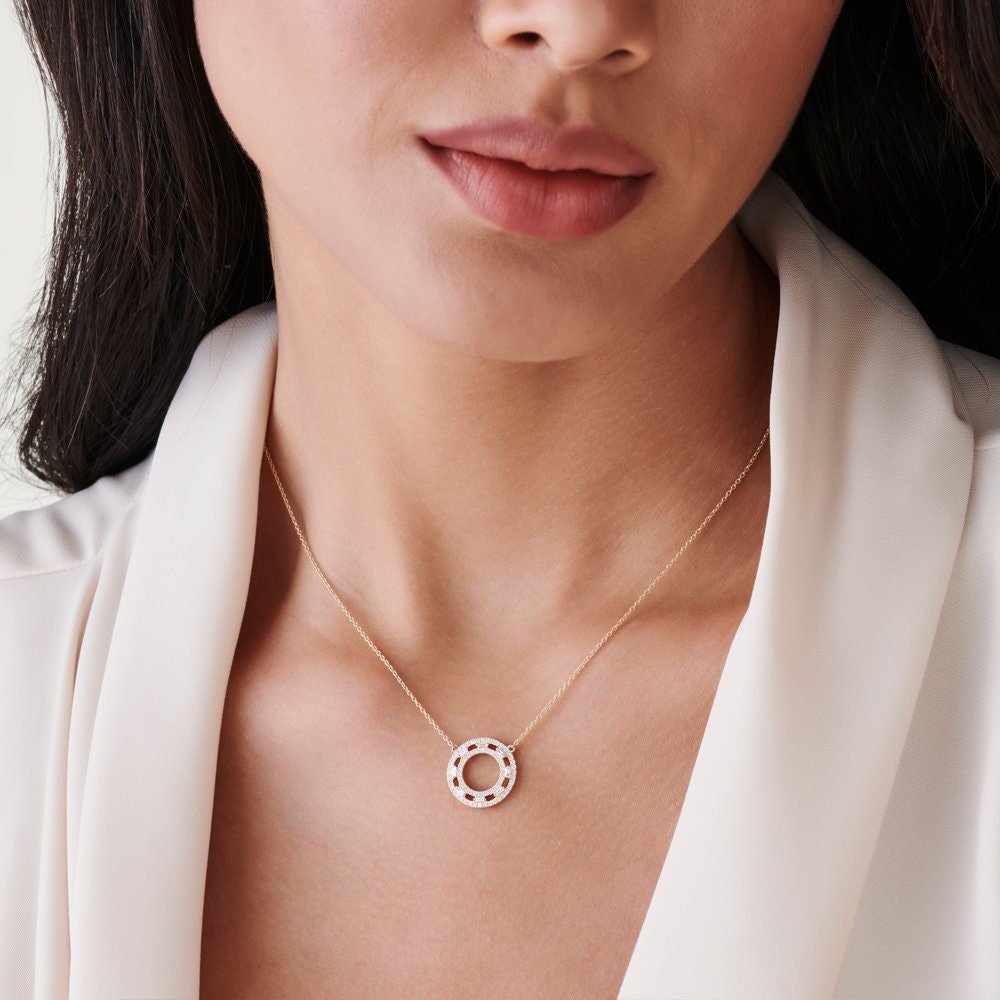 Baguette & Round Cut Diamond Circle Pendant Necklace for Her - Doozy Diamonds