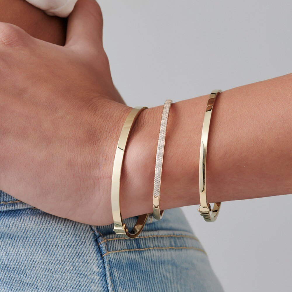 Round Cut Three Row Pave Diamond Bracelet Bangle in 14K Gold - Doozy Diamonds