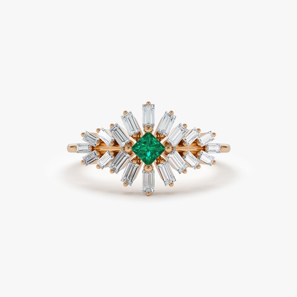 Green Princess & Baguette Cut Diamond Cluster Ring for Women - Doozy Diamonds