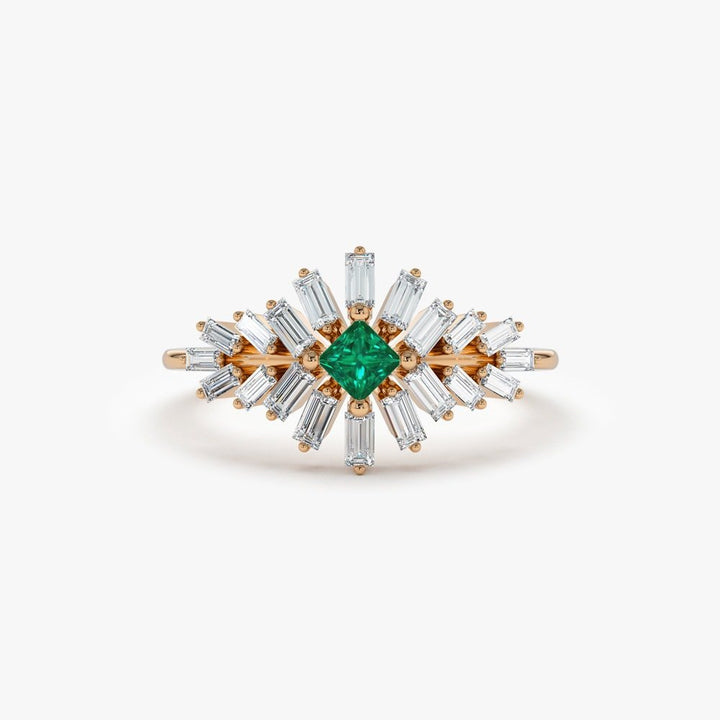 Green Princess & Baguette Cut Diamond Cluster Ring for Women - Doozy Diamonds