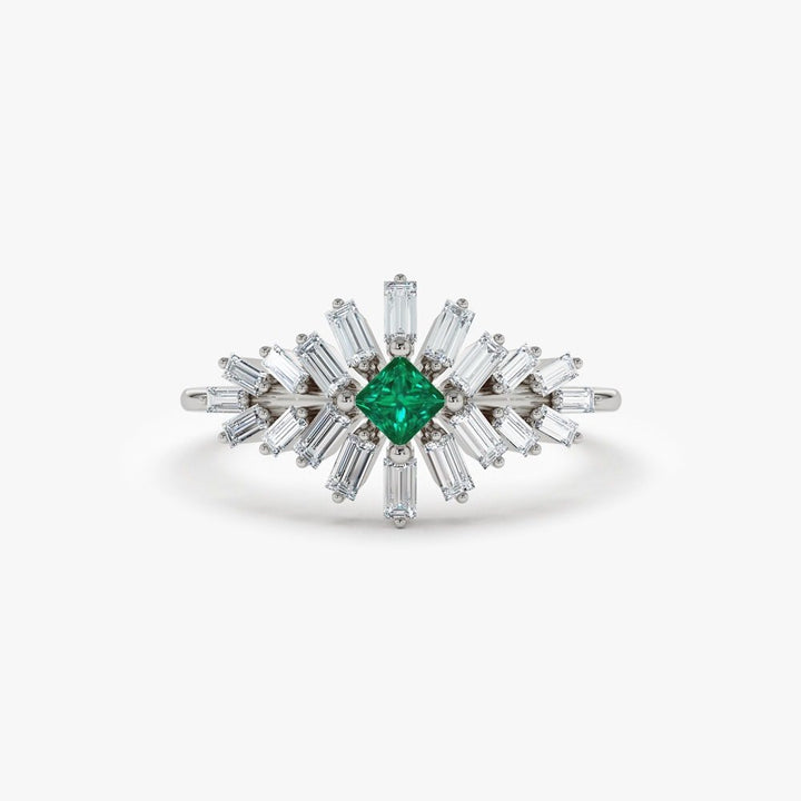 Green Princess & Baguette Cut Diamond Cluster Ring for Women - Doozy Diamonds