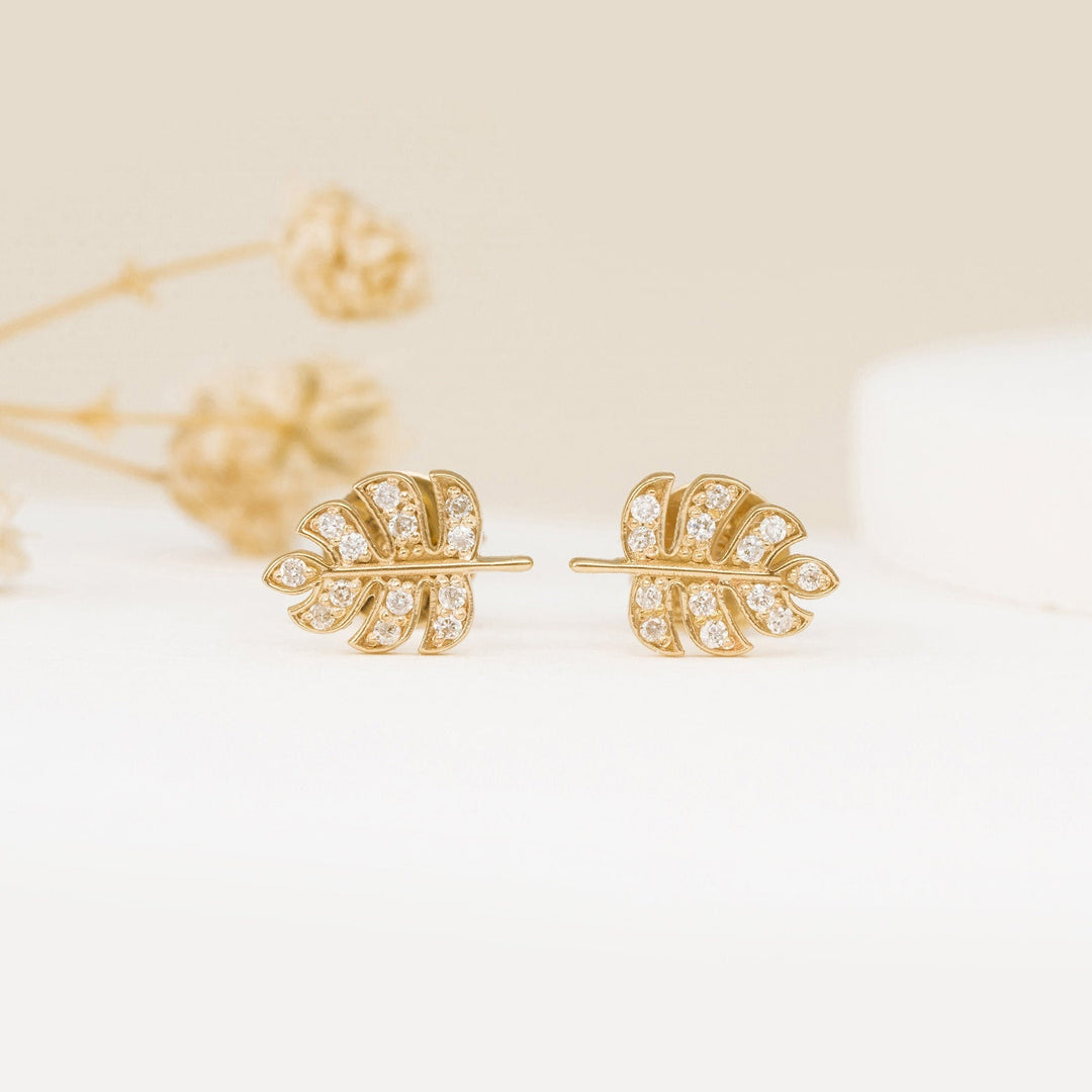 Round Cut Diamond Leaf Stud Earrings for Halloween Gift - Doozy Diamonds