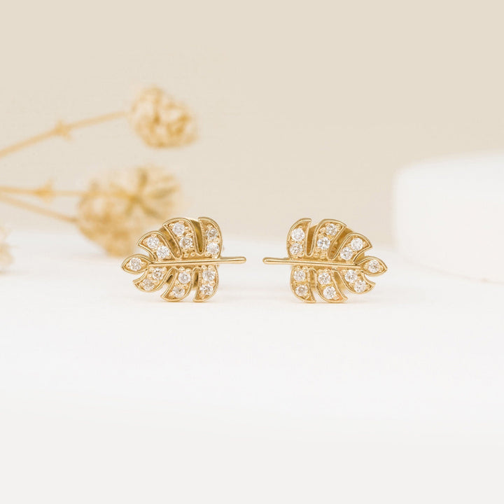 Round Cut Diamond Leaf Stud Earrings for Halloween Gift - Doozy Diamonds