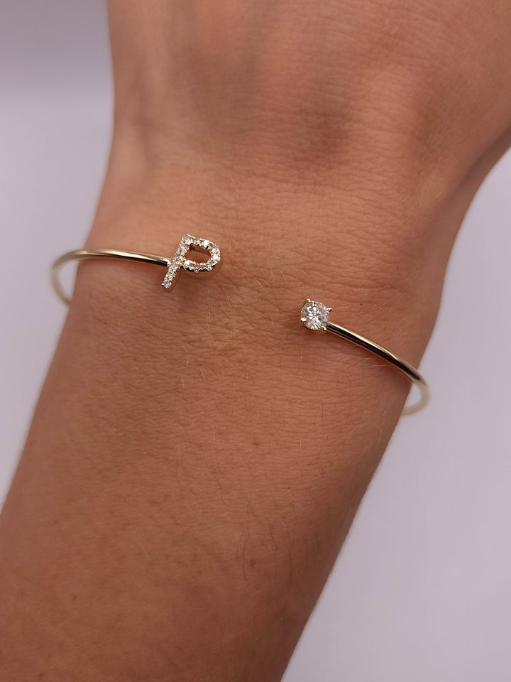Round Cut Diamond Initial Open Cuff Bracelet for Her - Doozy Diamonds