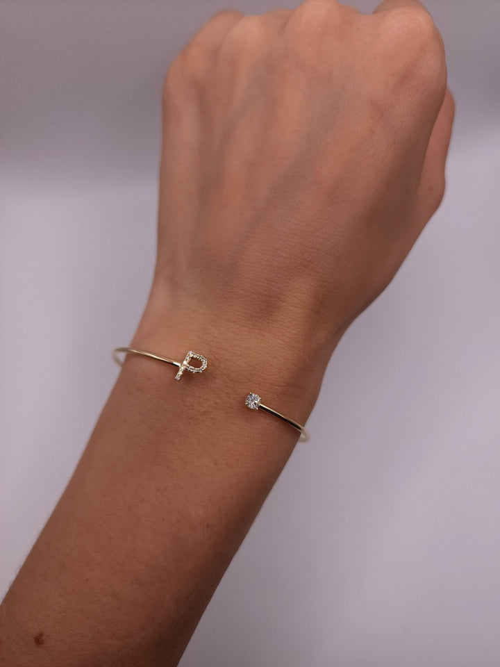 Round Cut Diamond Initial Open Cuff Bracelet for Her - Doozy Diamonds
