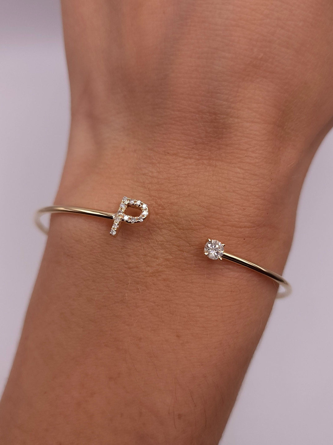 Round Cut Diamond Initial Open Cuff Bracelet for Her - Doozy Diamonds